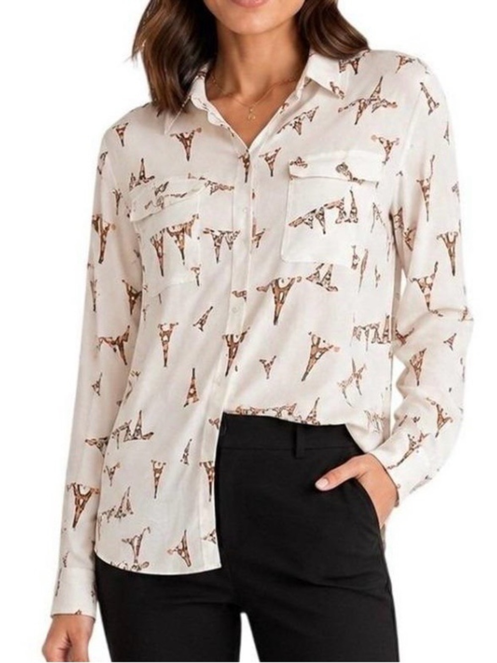 Beautiful  Cream Blouse with Brown Eiffel Tower Print